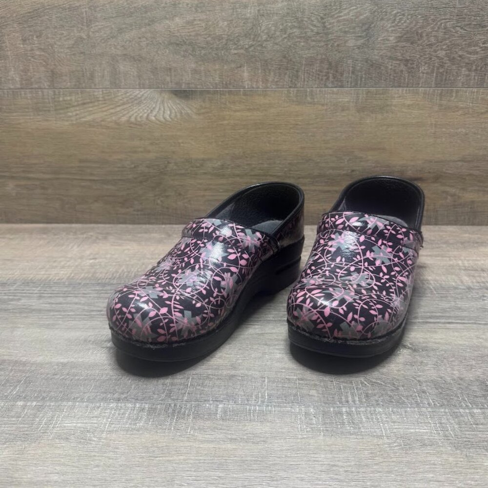 Dansko Dark Brown Pink Floral Vine Professional Clogs Women's Size EU 38